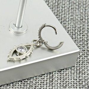 Micro Pave CZ Hinged Huggies w/ Evil Eye Drops Sterling Silver Rhodium Plated